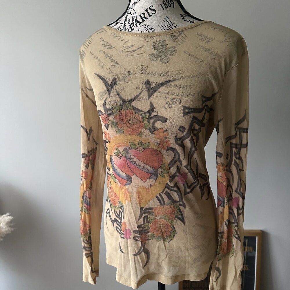 Rue21 Beige Long Sleeve Tattoo Graphic Mesh Top - Size M